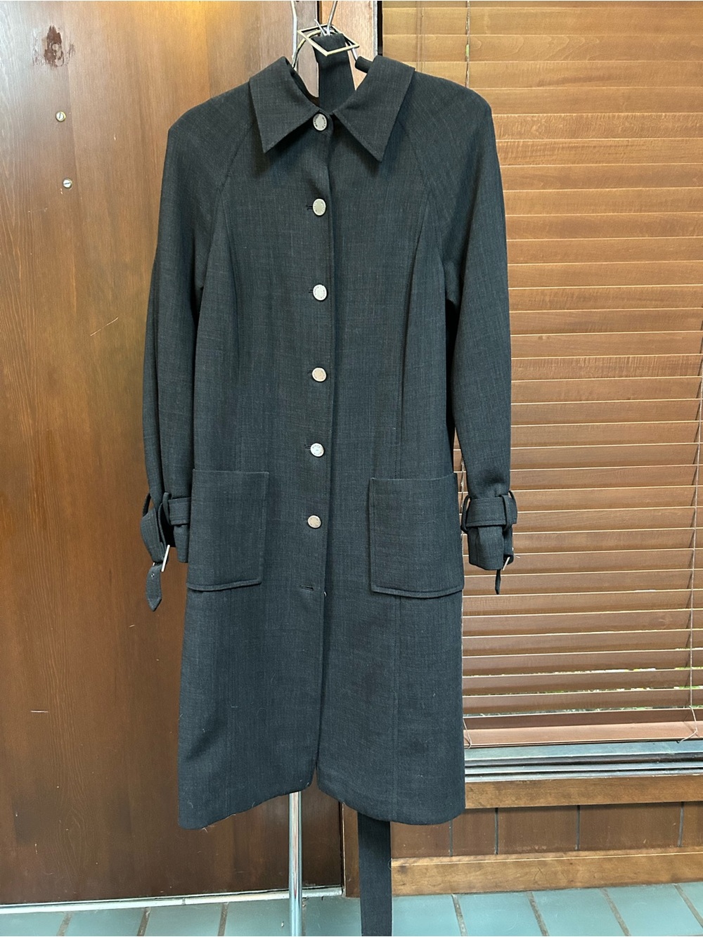 Worth Black Long Trench Coat with Button Front